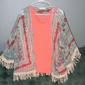 Floral Fringe Kimono with Coral Top M-L